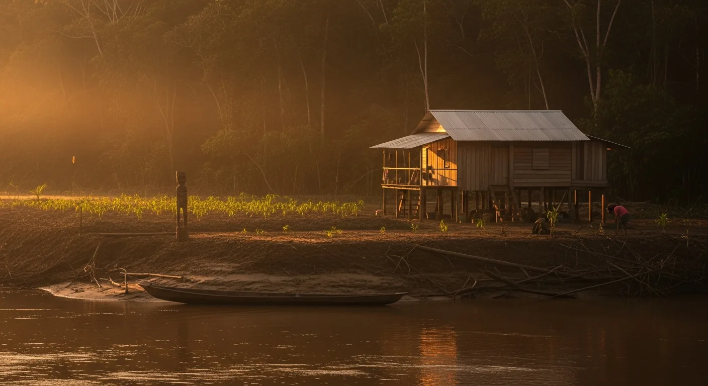 A smallholder's frontier clearing at the edge of dense Amazon rainforest along a wide brown river at sunrise, with a simple stilt house and a dugout canoe