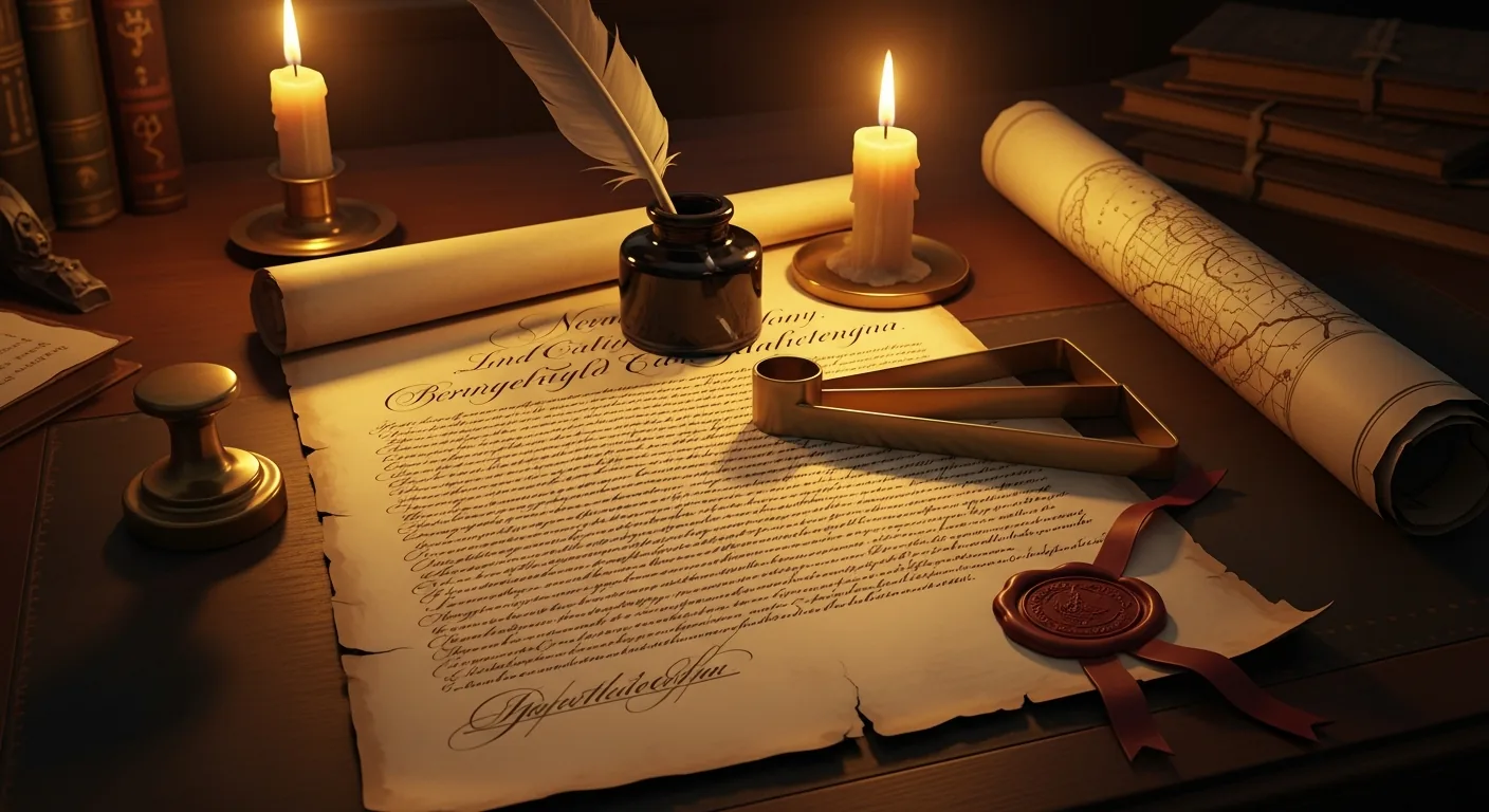 An antique land patent on aged parchment with a red wax seal, quill and brass dividers on a candle-lit desk