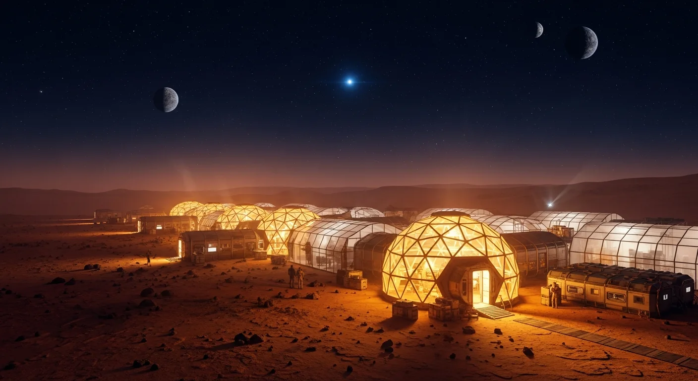 A Martian settlement glowing at night under a star-filled sky
