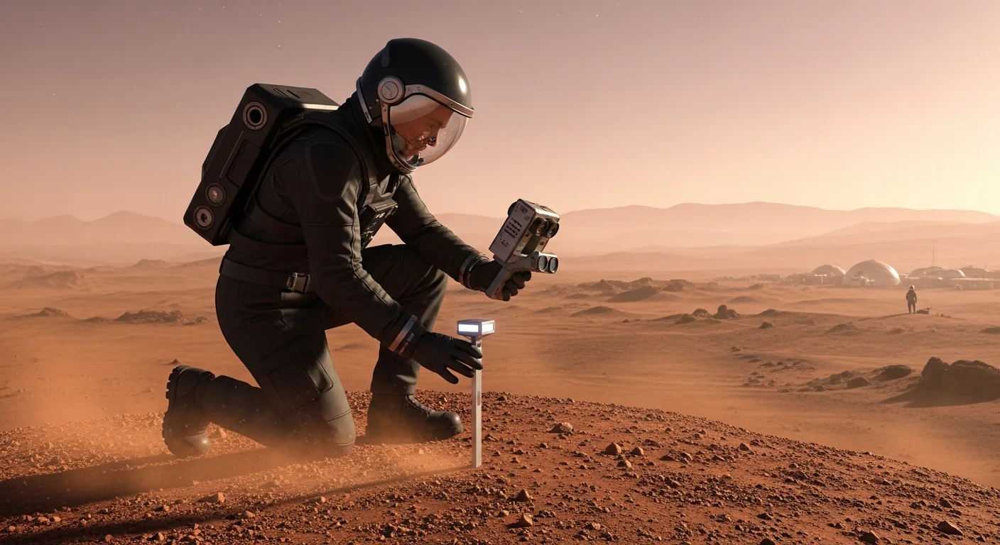 A surveyor in a spacesuit planting a precision survey marker into the red Martian ground at golden hour