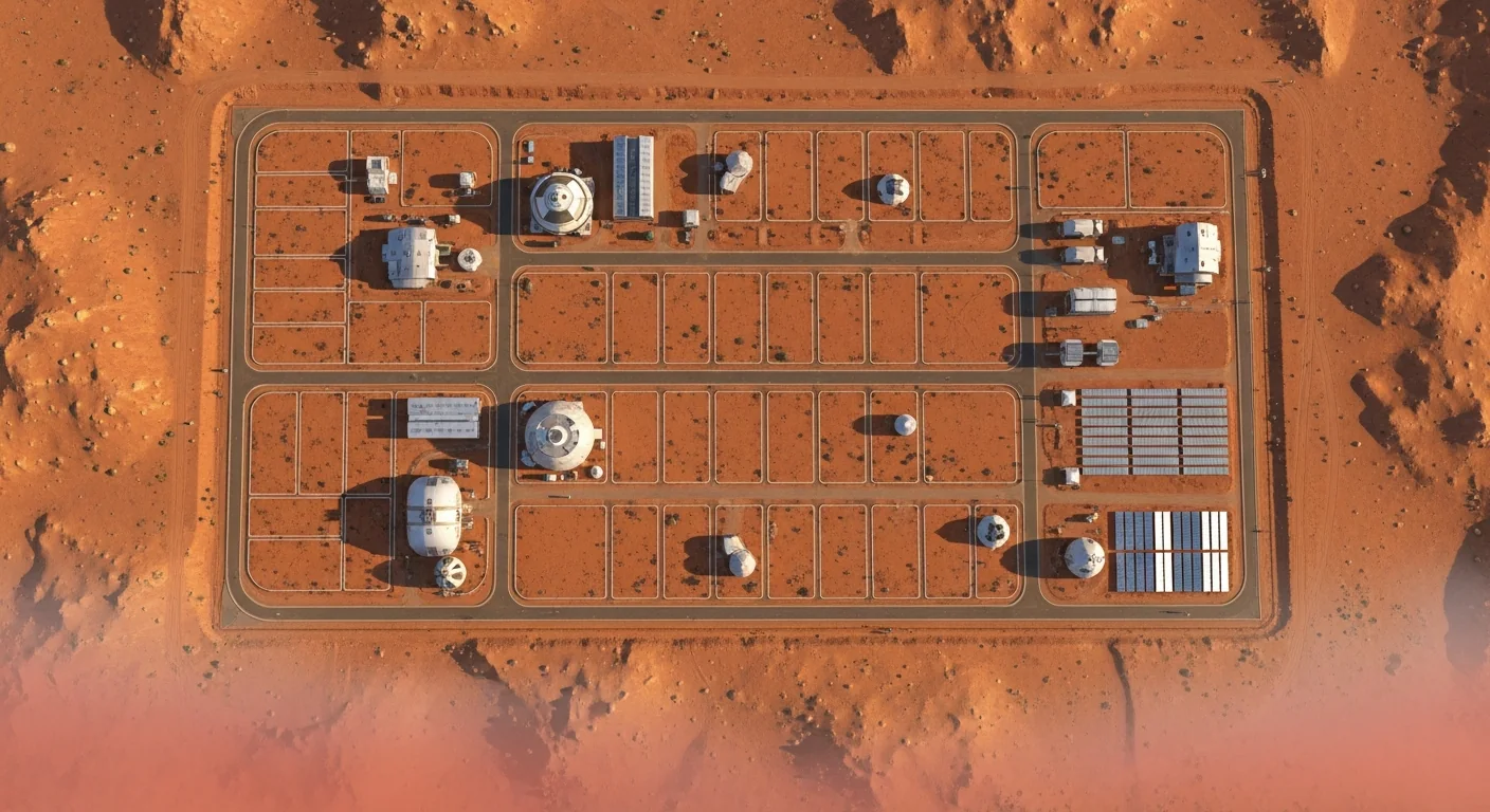 An aerial view of a surveyed homestead tract platted across the rust-red Martian surface
