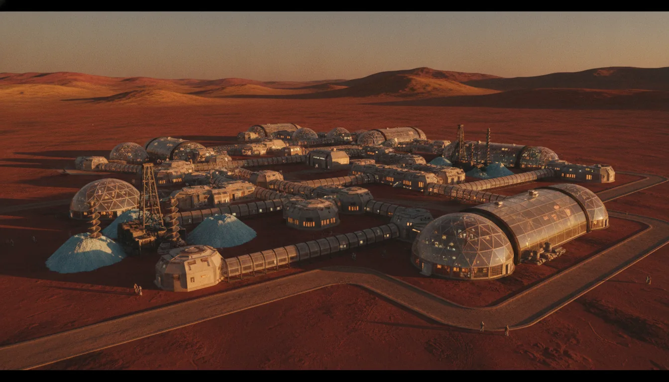 A thriving early Martian town of domes and greenhouses on the flat Arcadia plain at golden hour
