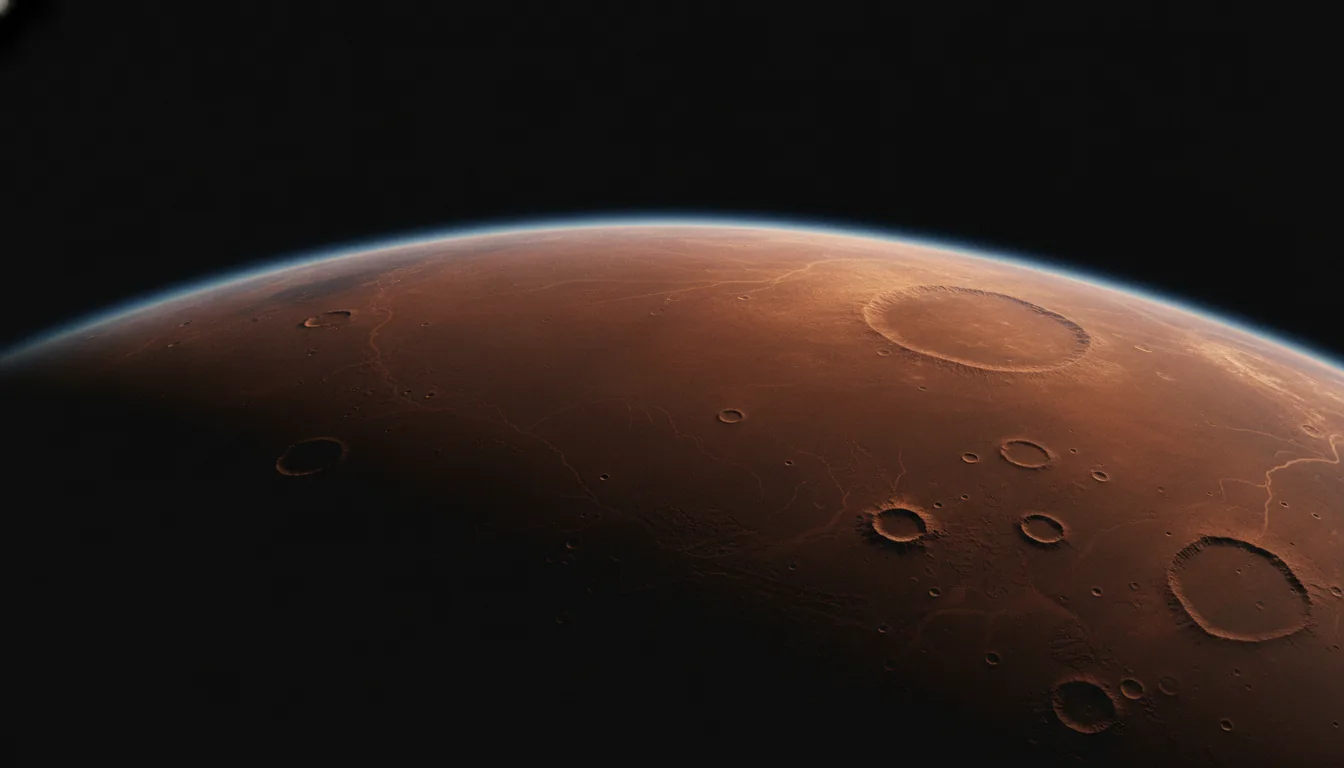 Mars seen from orbit at the dawn terminator, the northern lowlands catching first light