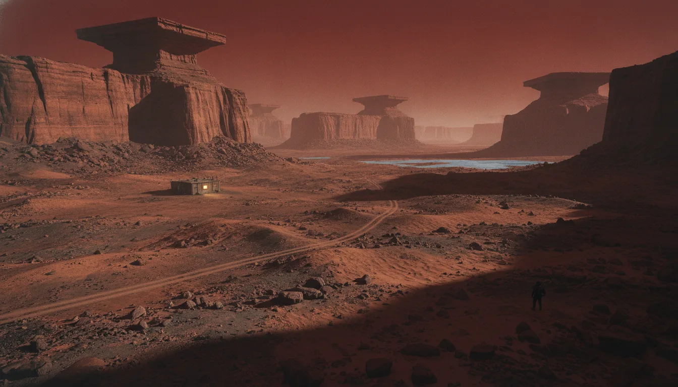 A valley of mesas with a debris-covered glacier on its floor and a small homestead against a cliff
