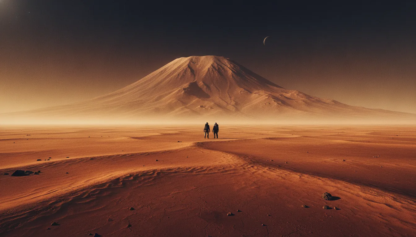 A deep Martian basin floor with a towering shield volcano on the far horizon