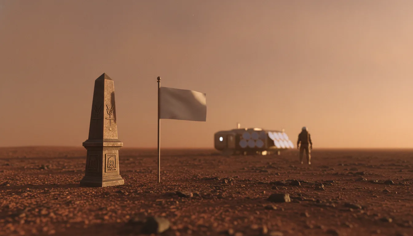 A survey monument and a single plain, blank flag planted in the rust-red Martian soil at dawn