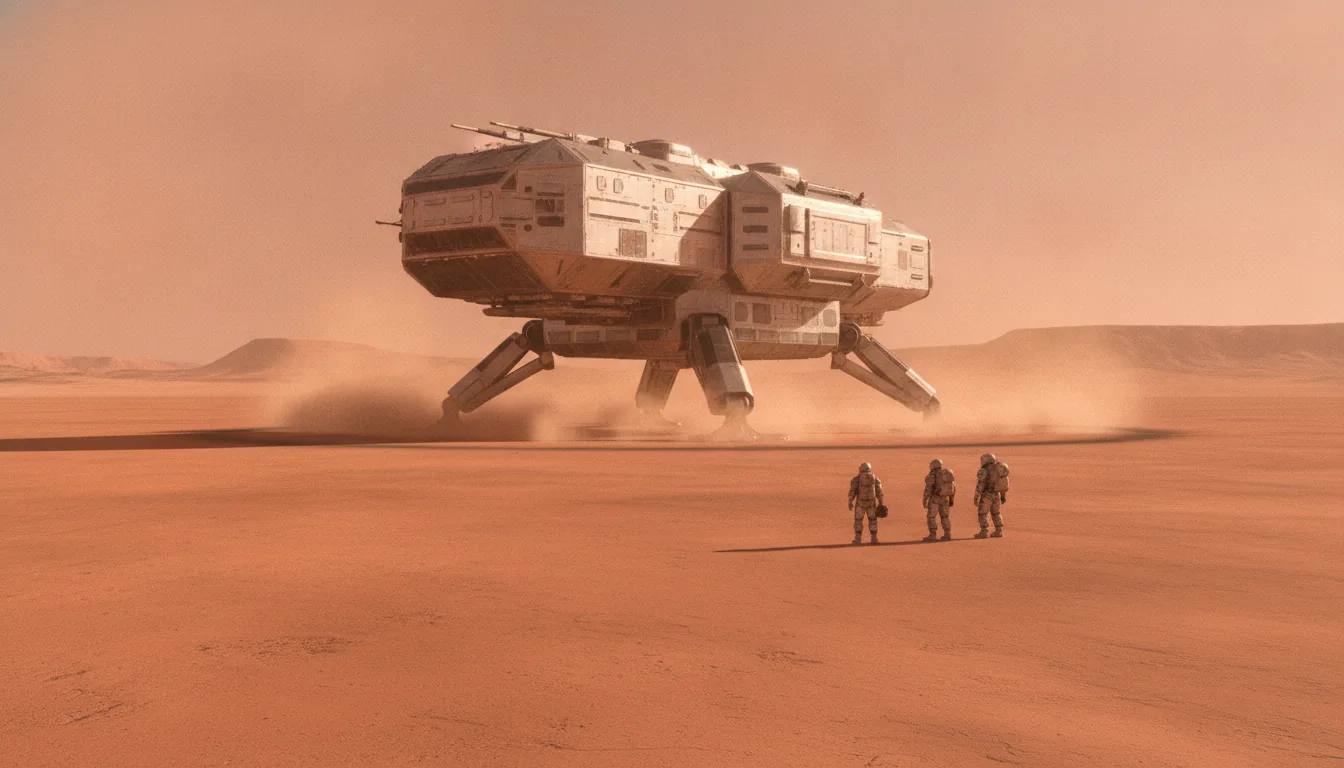 A tall cargo lander standing on a flat rust-red plain, dust settling around its legs