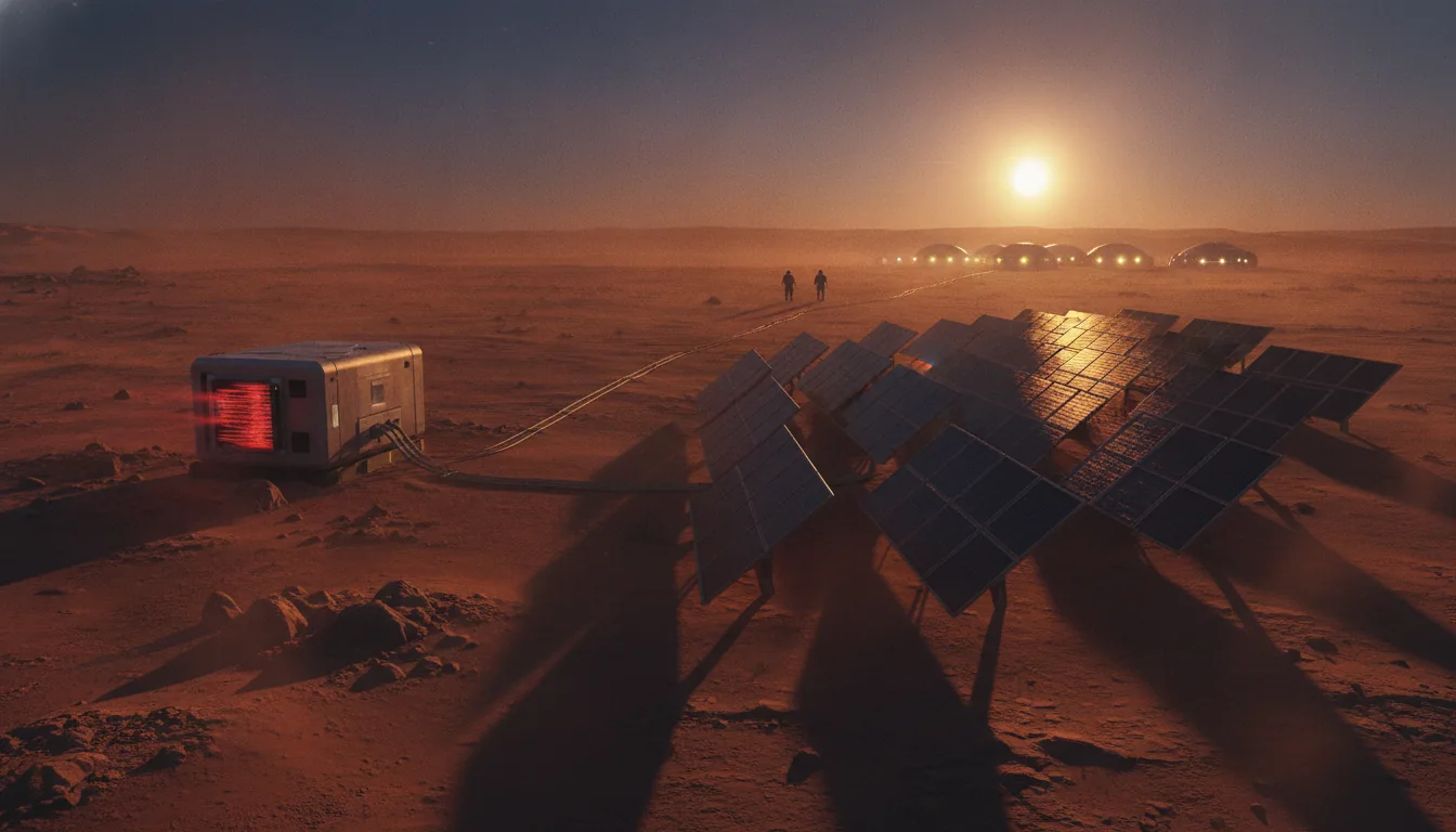 A compact fission surface-power unit and a field of solar panels on a Martian plain at dusk
