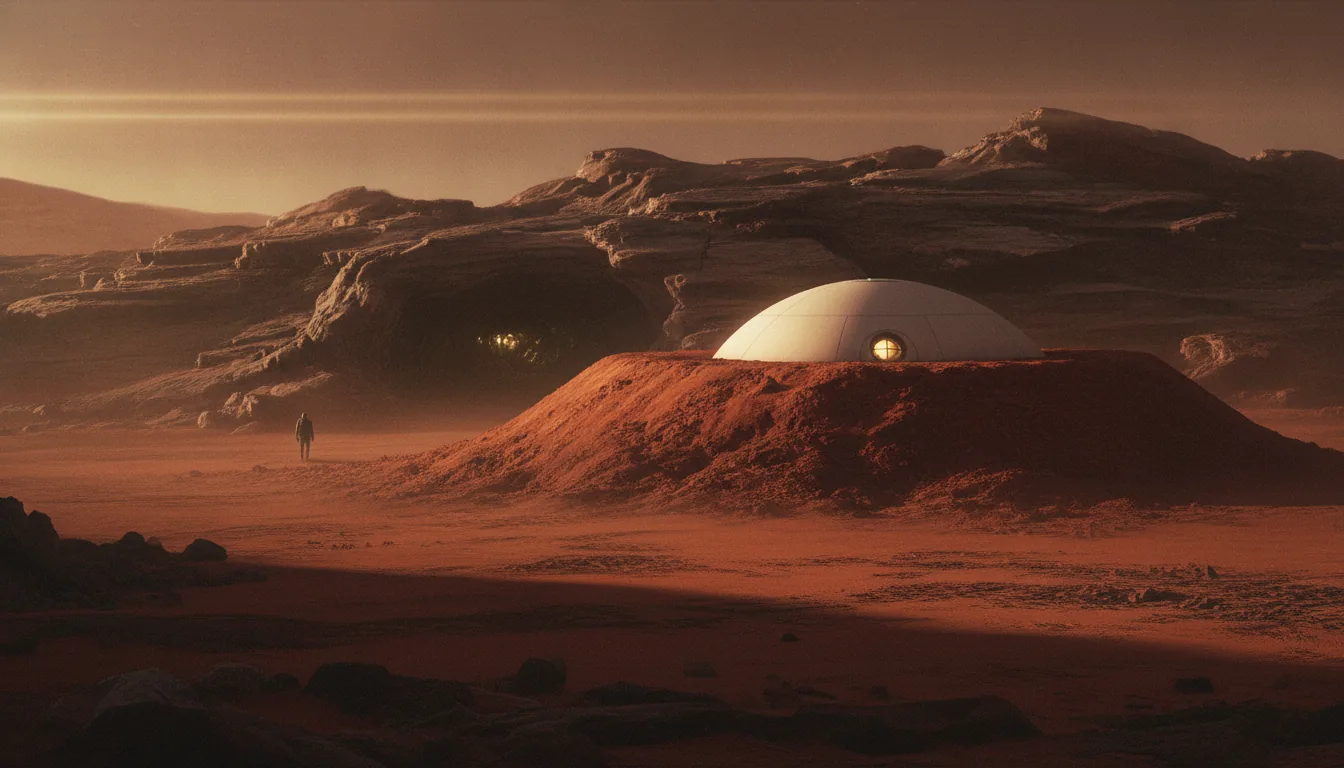 A Martian habitat half-buried under a protective mound of regolith beside a lava-tube entrance