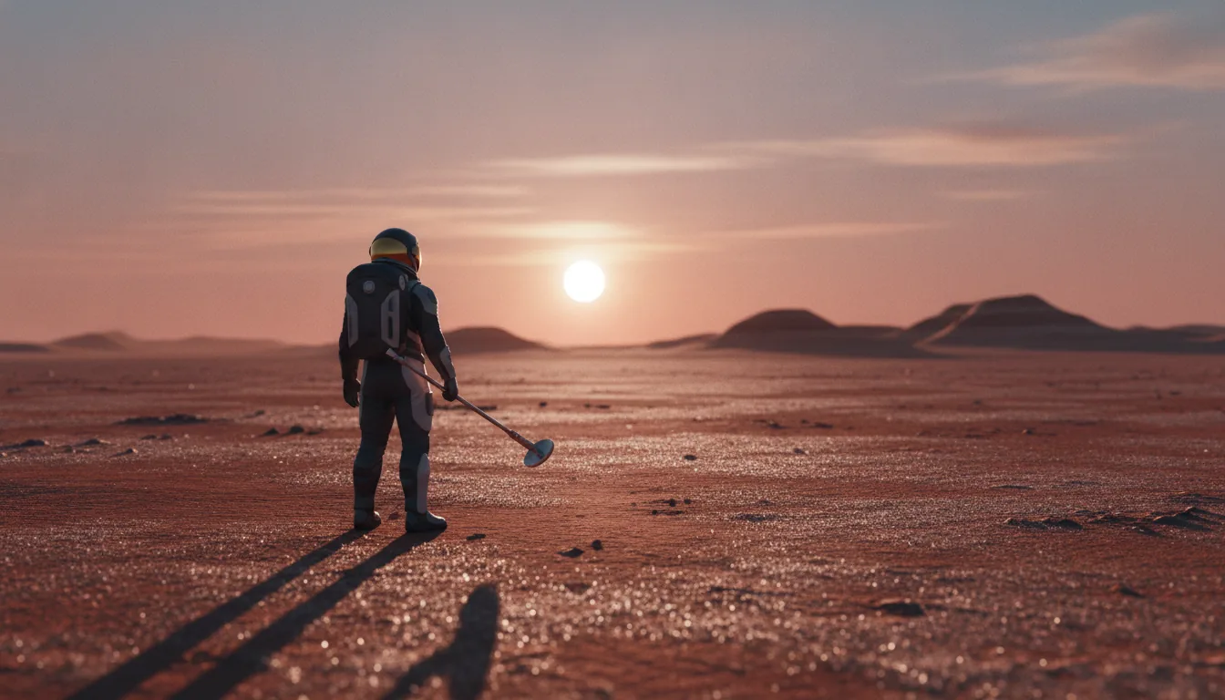 A lone figure in a spacesuit surveying a vast rust-red Martian plain at dawn