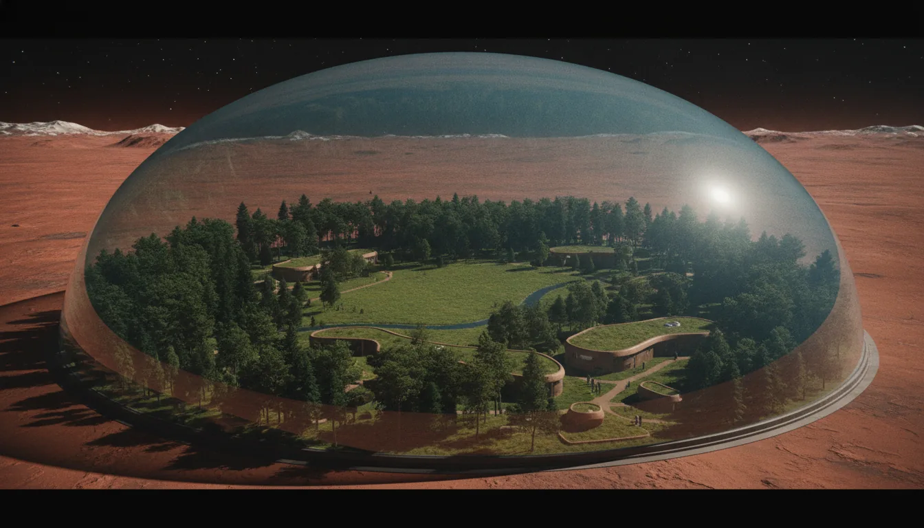 An enormous transparent dome of green fields on the Martian surface, bare frozen desert outside its wall