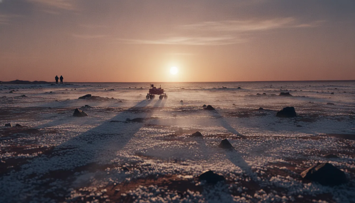 First light over a frost-dusted Martian plain, CO2 frost sublimating in wisps