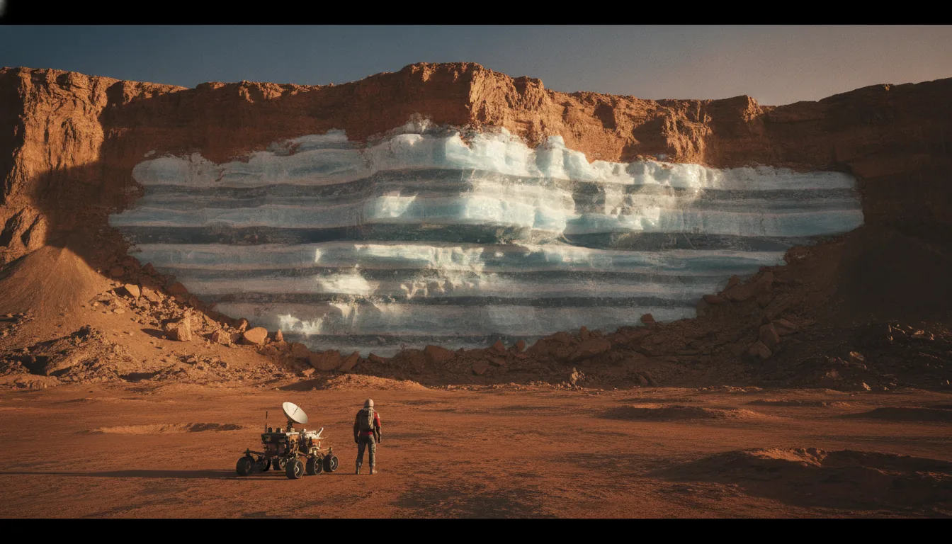 An exposed cliff on Mars revealing a thick band of pale blue-white water ice beneath rusty soil